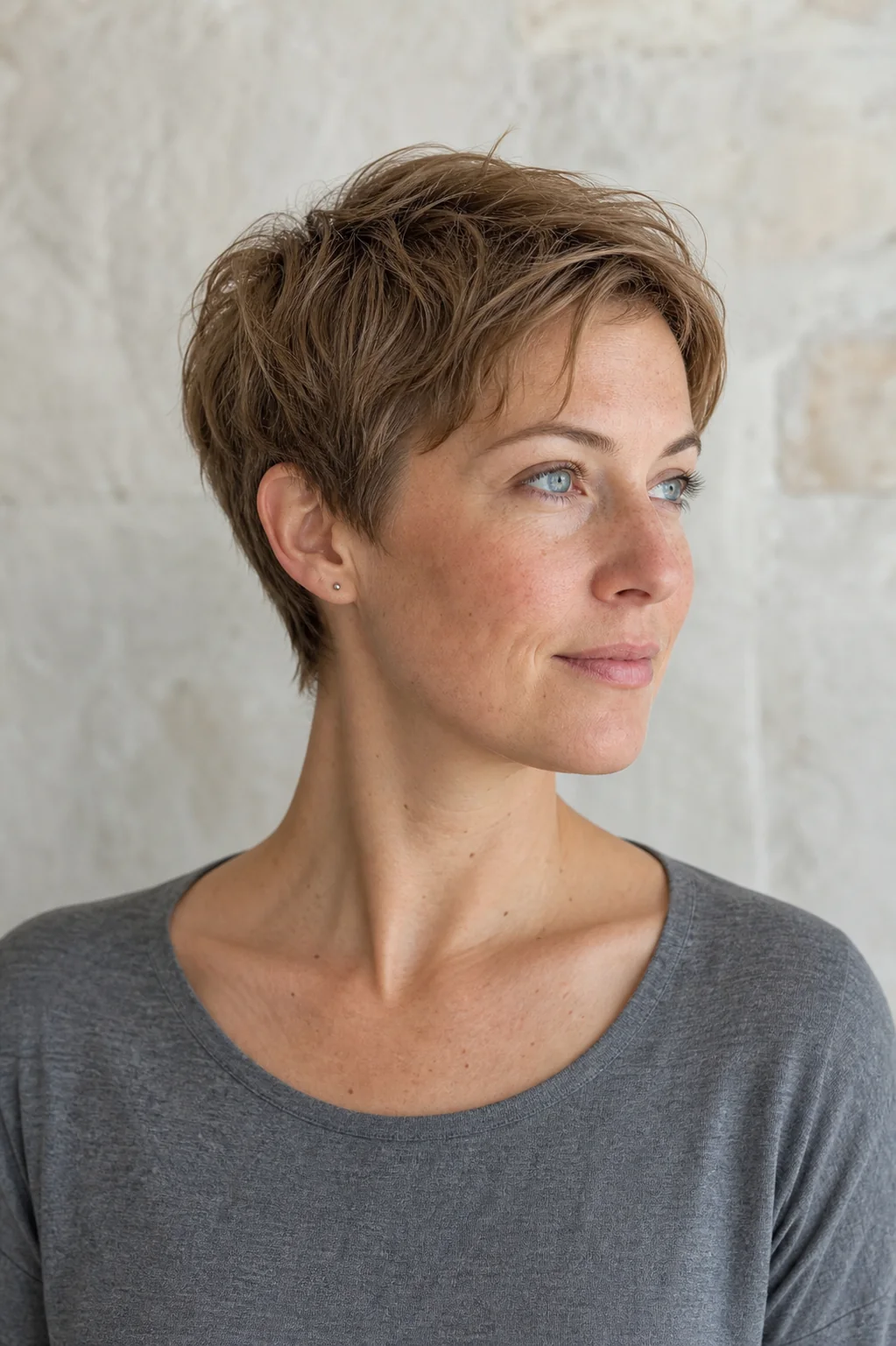 White woman with fine naturally textured dark blonde hair wearing an air-dried power pixie