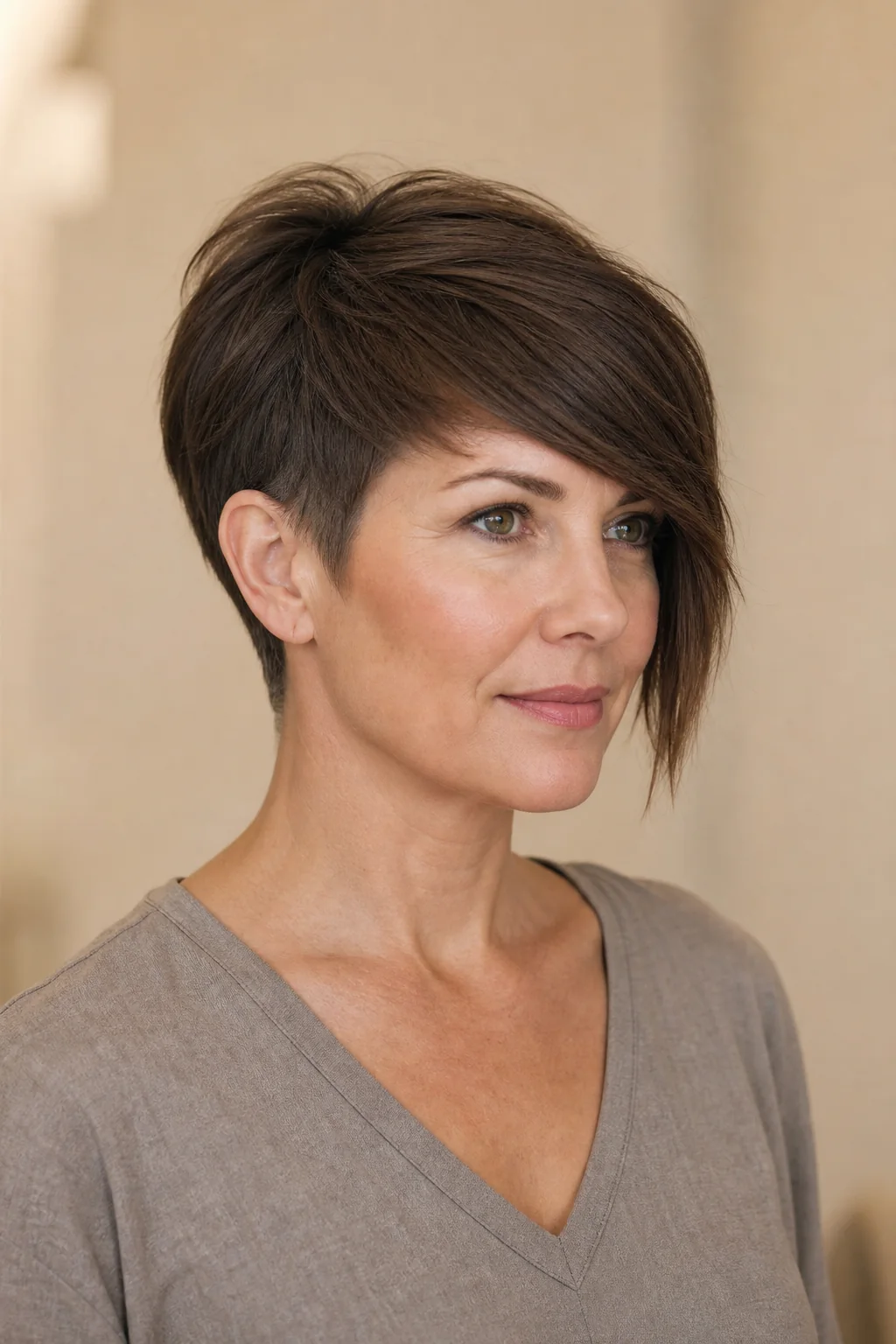 White woman with fine dark brown hair wearing an asymmetrical power pixie with a long front