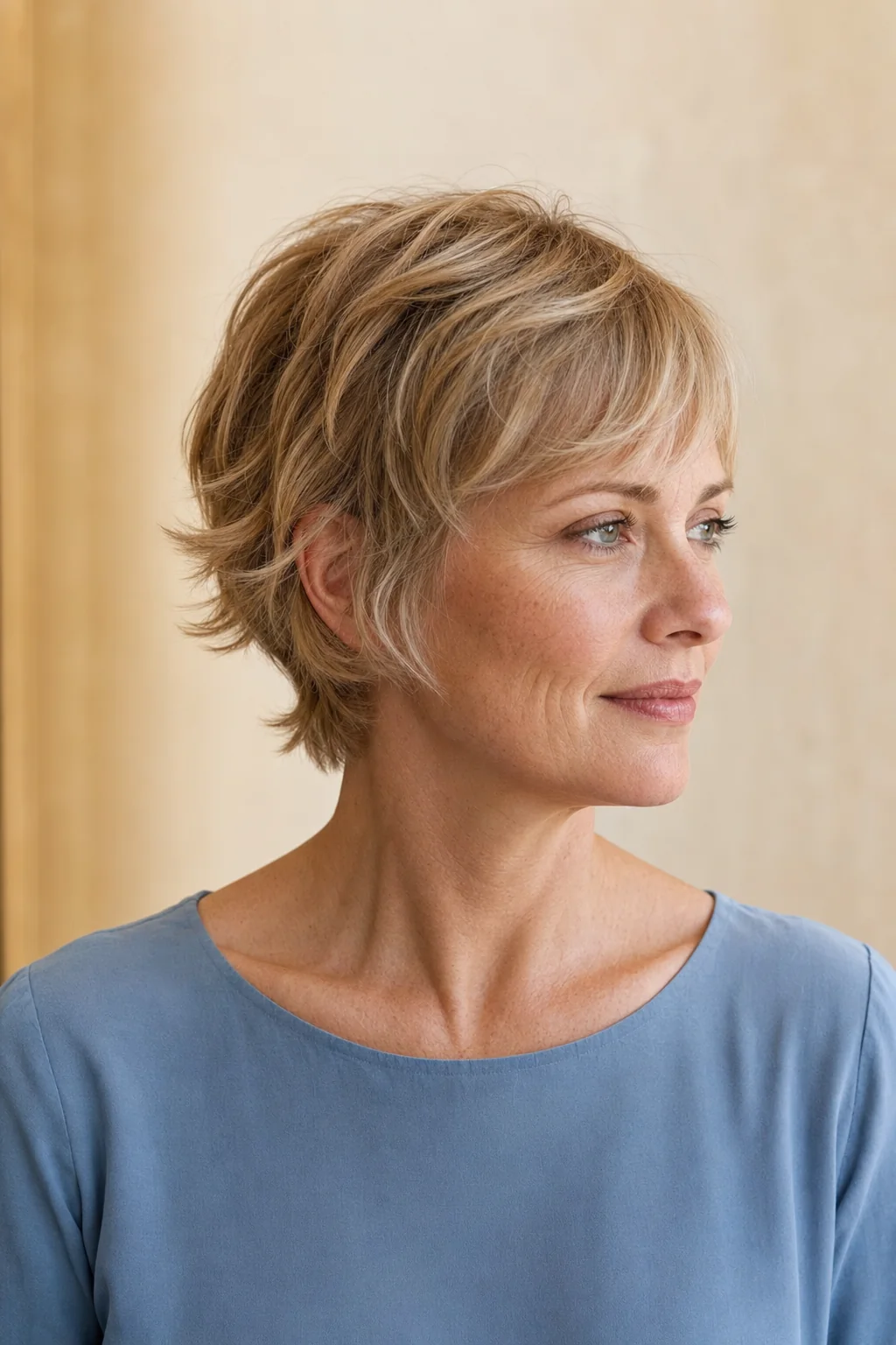 White woman with fine honey blonde hair wearing a bixie-length power pixie with flipped ends