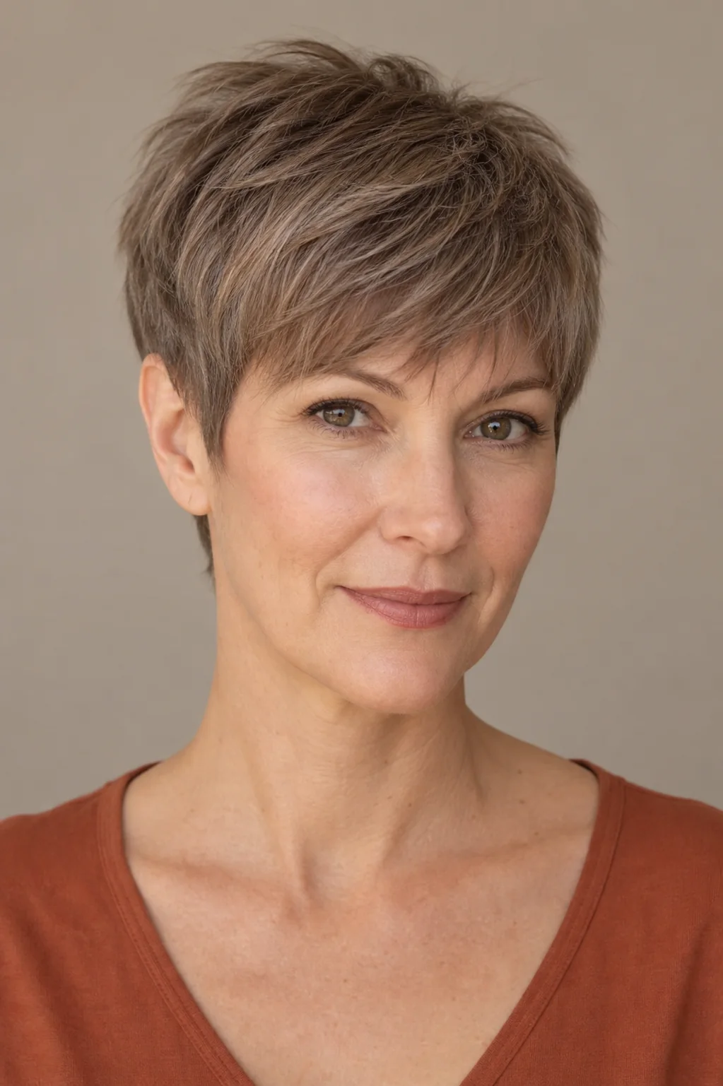 White woman with fine ash brown hair wearing a brushed-forward power pixie