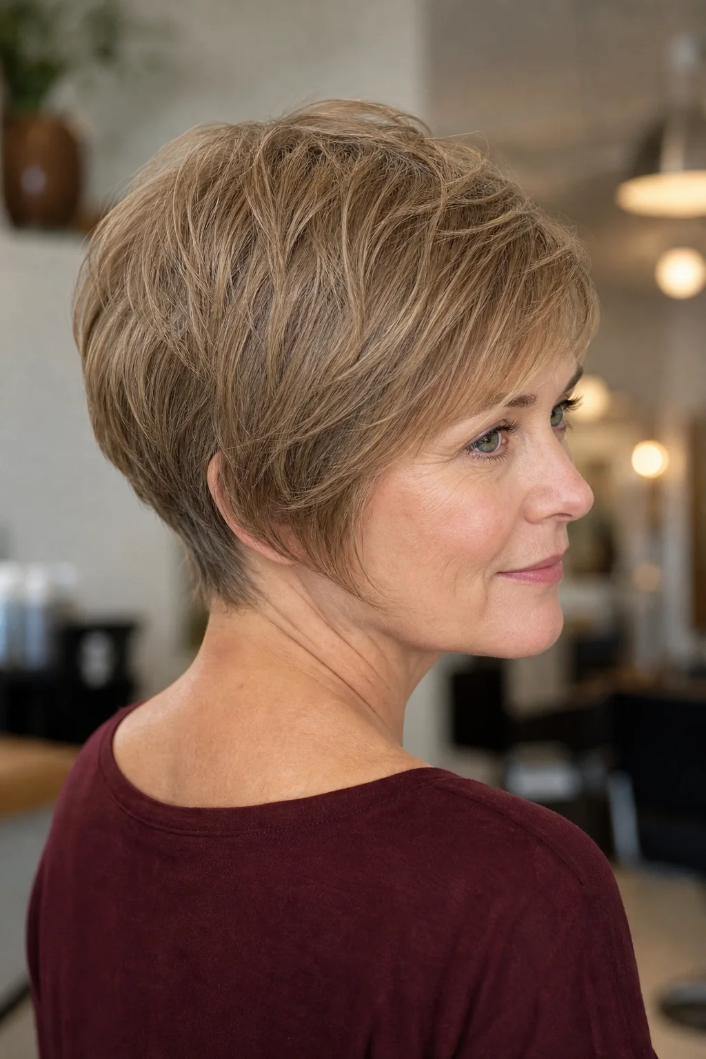 White woman with fine dark-blonde hair wearing a long power pixie that covers the ears