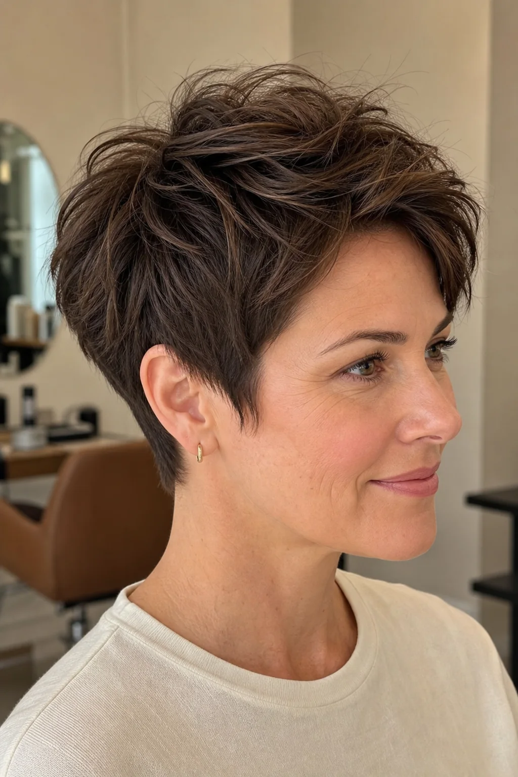White woman with fine brunette hair wearing a tousled power pixie with crown volume