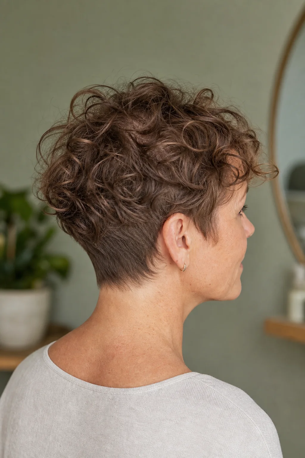 White woman with fine softly curly brown hair wearing a power pixie with a tapered nape