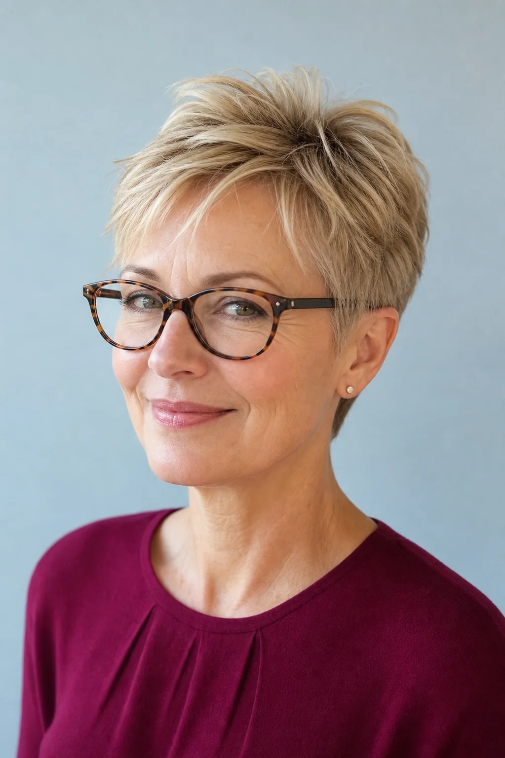White woman with fine blonde hair and glasses wearing a softly lifted power pixie
