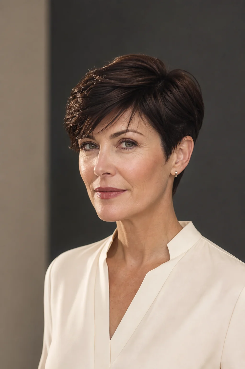 White woman with fine deep brunette hair wearing a glossy defined power pixie