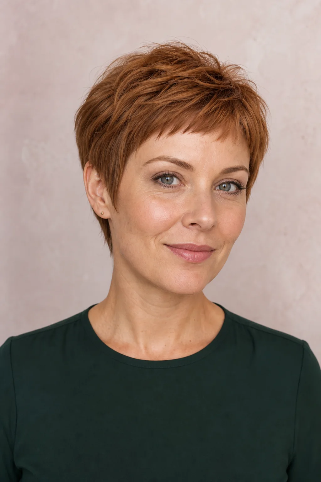 White woman with fine copper hair wearing a power pixie with a soft micro fringe
