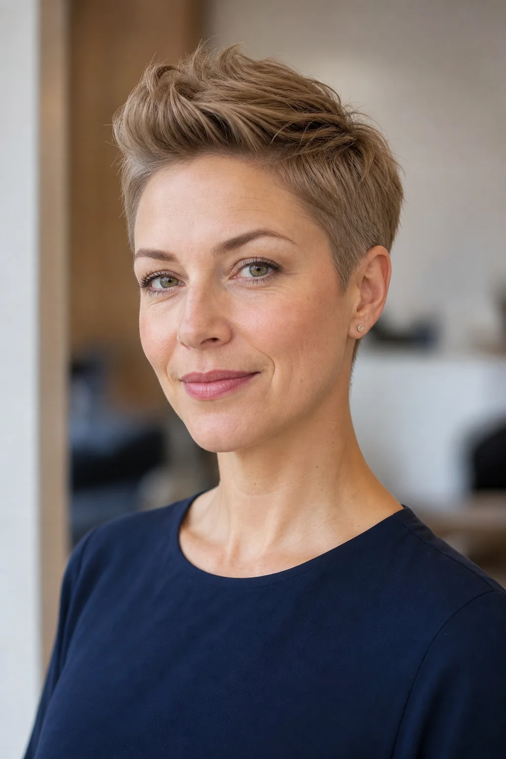 White woman with fine dark blonde hair wearing a lifted power pixie with a mini quiff