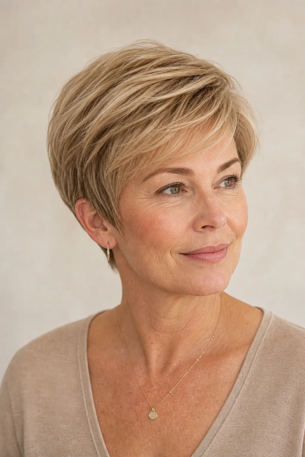 White woman with fine warm blonde hair wearing a rounded power pixie with soft fullness