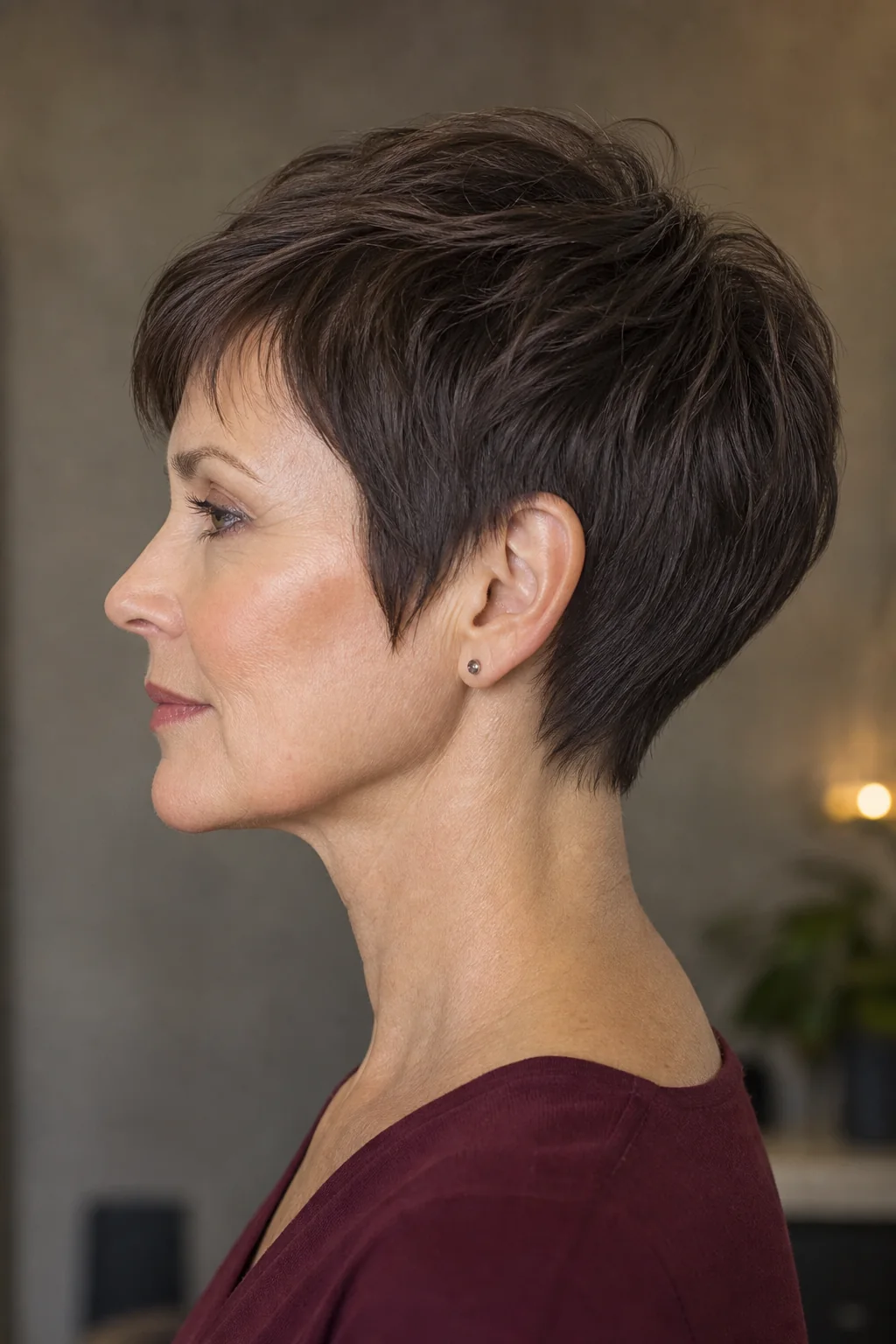 Side view of a white woman with fine brunette hair wearing a power pixie with a sculpted nape
