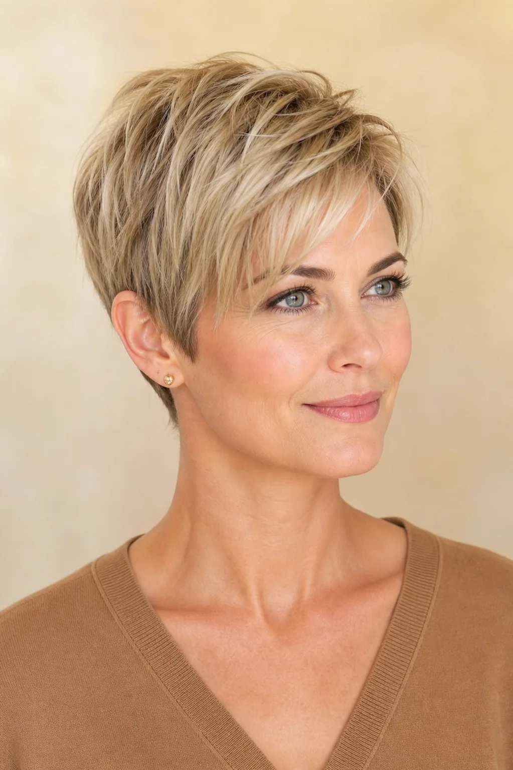 White woman with fine champagne blonde hair wearing a power pixie with soft shadow roots