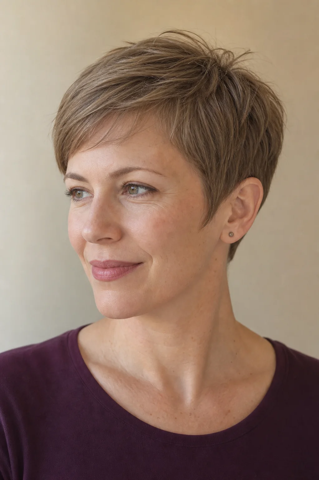 White woman with fine light brown hair wearing a power pixie with soft temple pieces