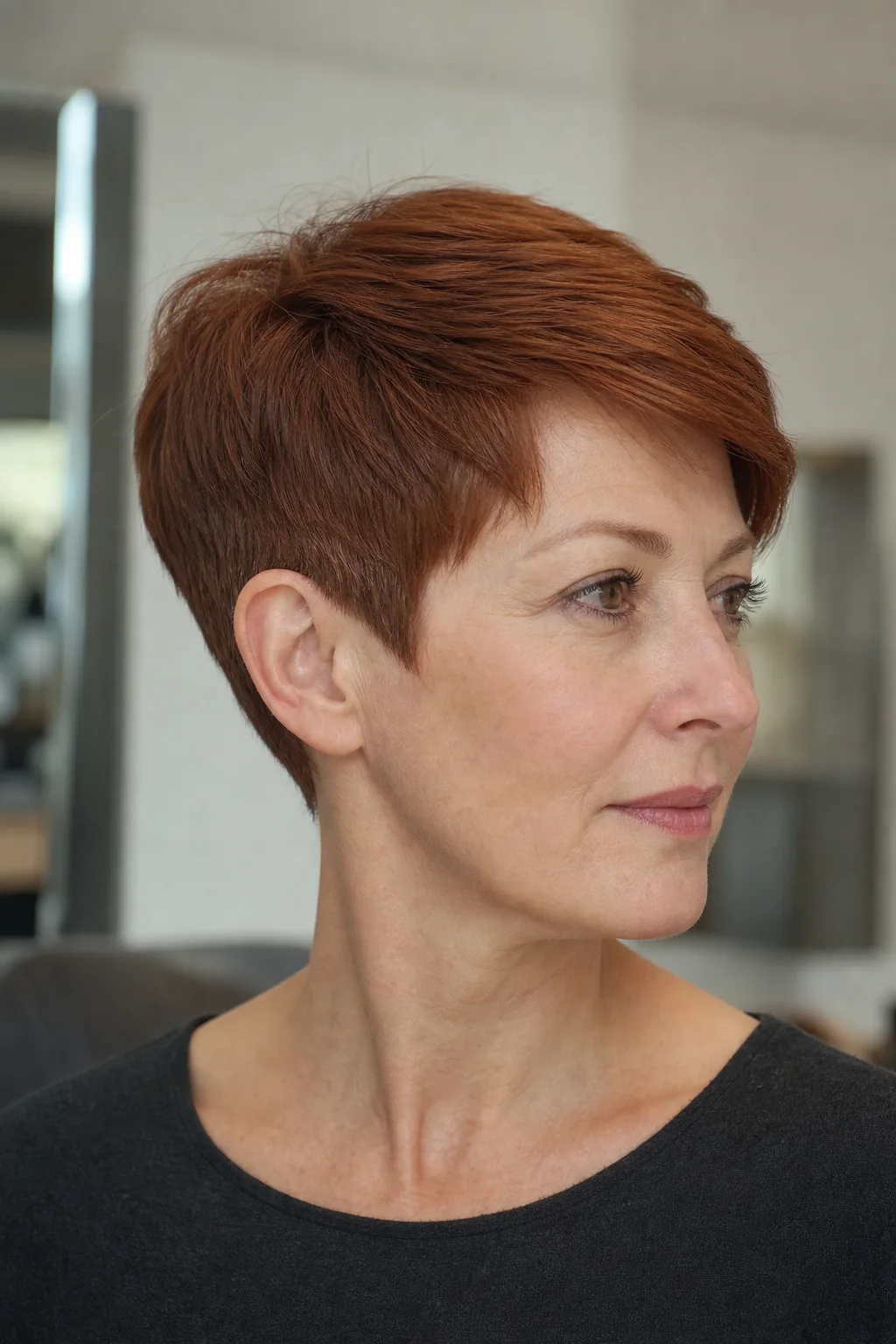 White woman with fine auburn hair wearing a sleek power pixie with tapered sides