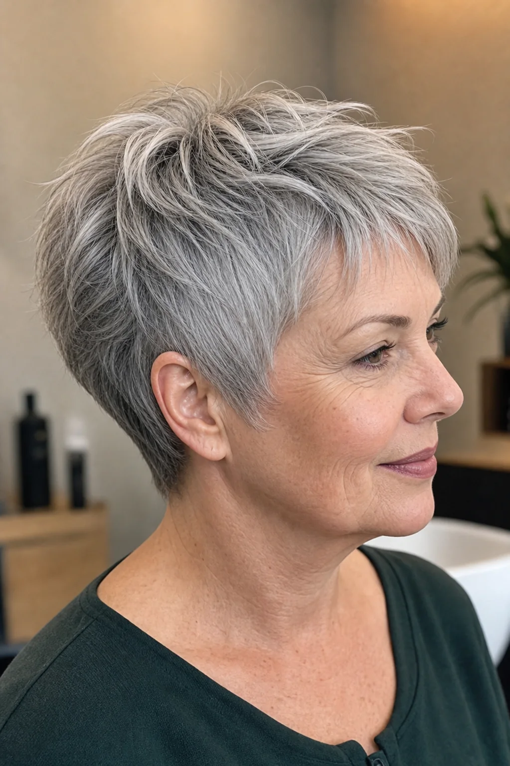 White woman over 50 with fine silver hair wearing a textured power pixie