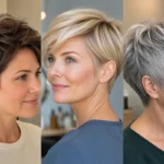 Collage of three white women wearing different power pixie haircuts for fine hair