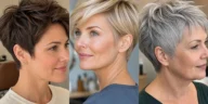Collage of three white women wearing different power pixie haircuts for fine hair
