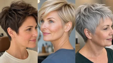 Collage of three white women wearing different power pixie haircuts for fine hair