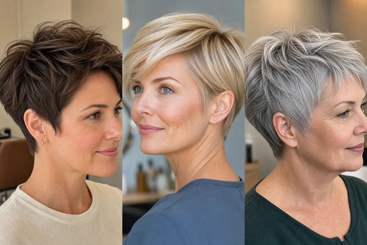 Collage of three white women wearing different power pixie haircuts for fine hair