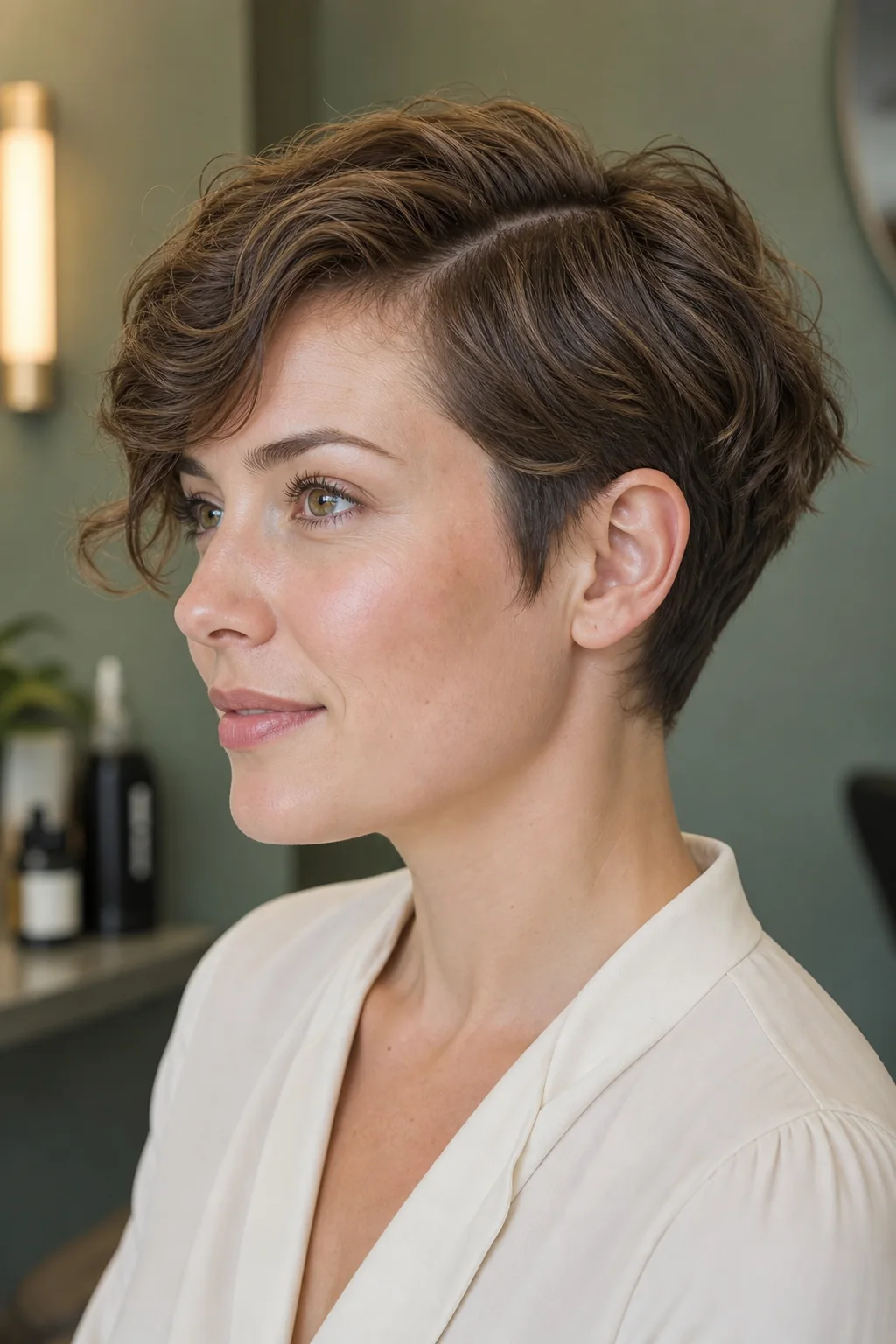 White woman with fine wavy brown hair wearing a power pixie with a deep side part
