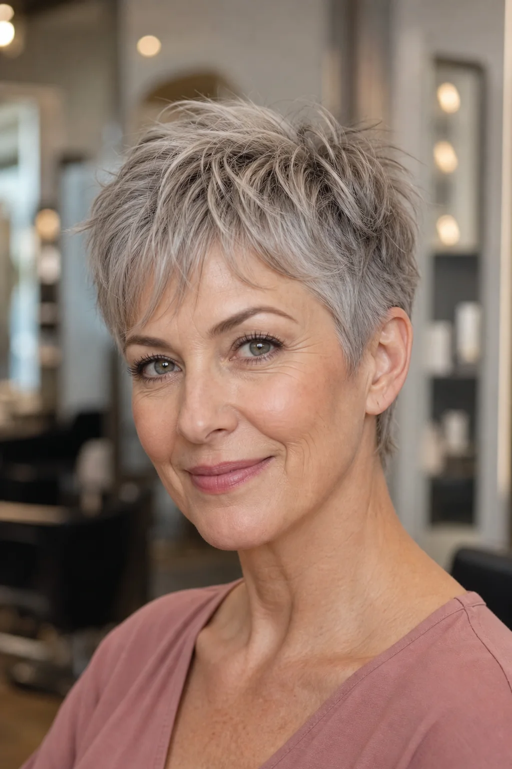White woman with fine soft-gray hair wearing a feathered power pixie with wispy bangs