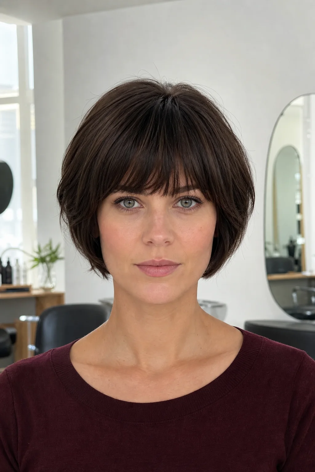 White woman with dark brunette hair wearing a rounded bixie with full bangs