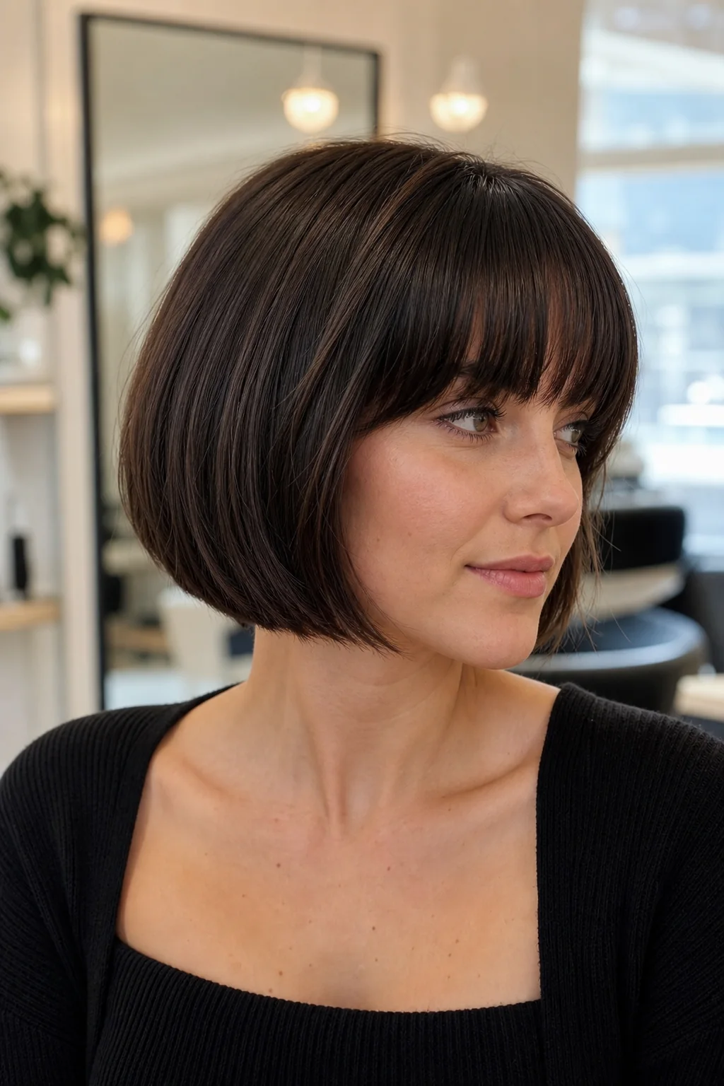 White woman with thick brunette hair wearing a rounded French bob