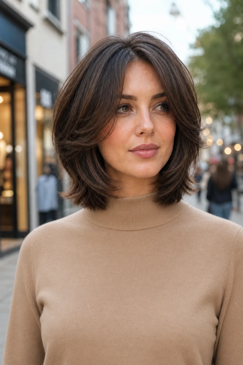 White woman wearing a short shoulder-length butterfly haircut