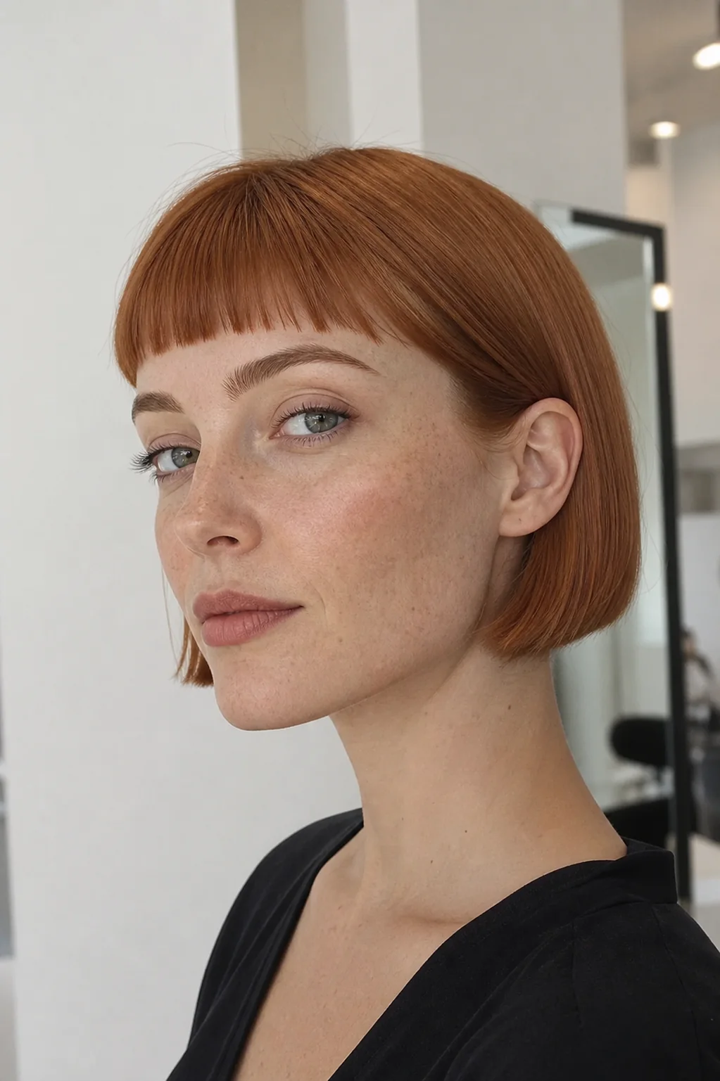 White woman with copper hair wearing a short micro French bob with baby bangs