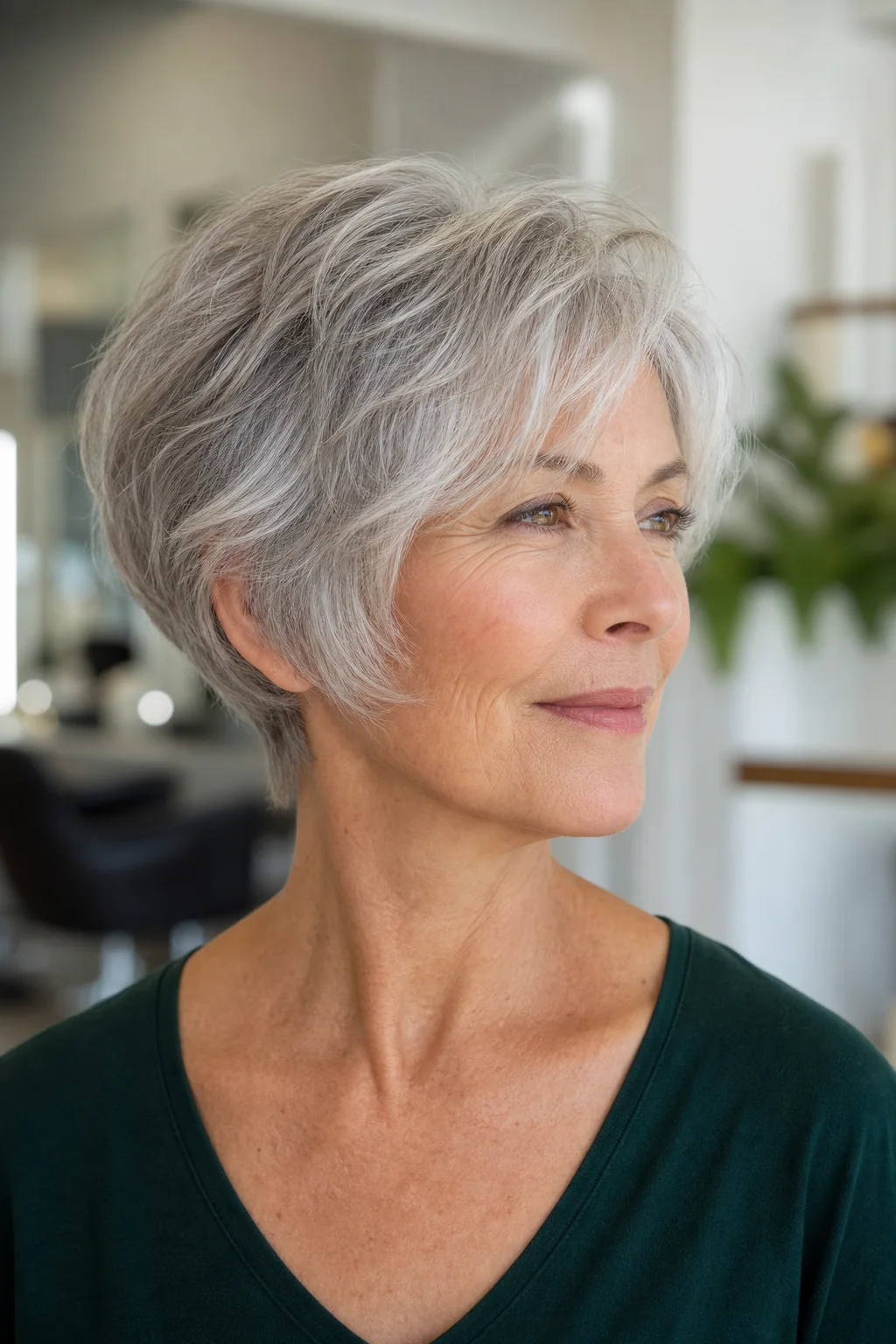 White woman with silver gray hair wearing a modern bixie with gentle lift