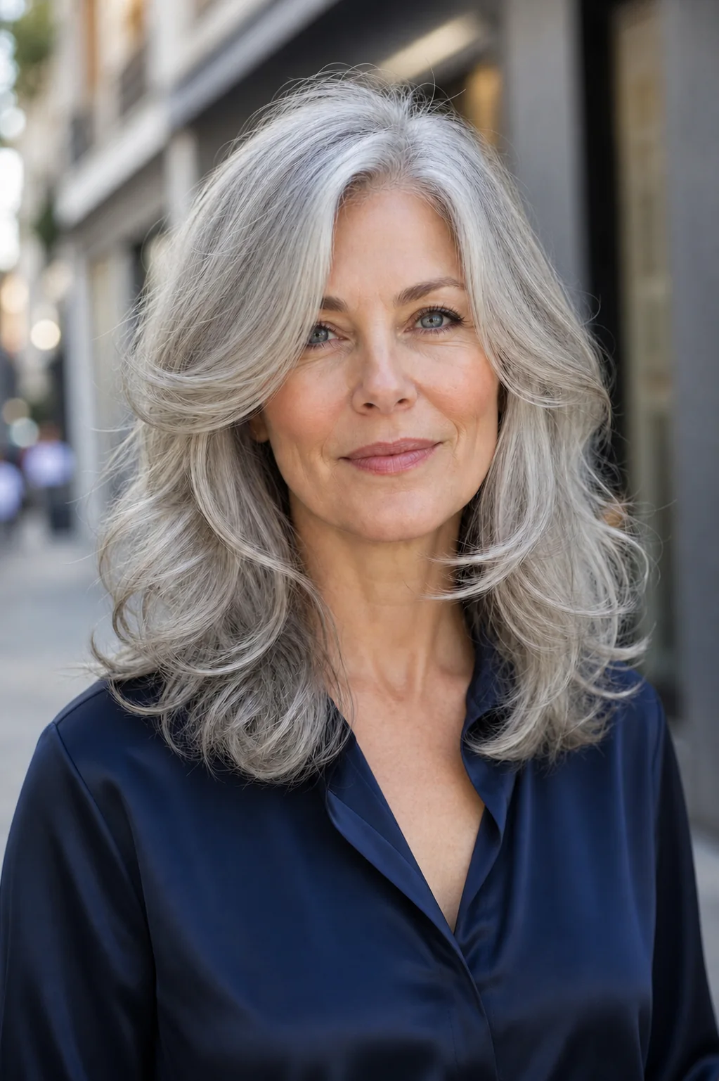 White woman over 50 with silver shoulder-length butterfly haircut