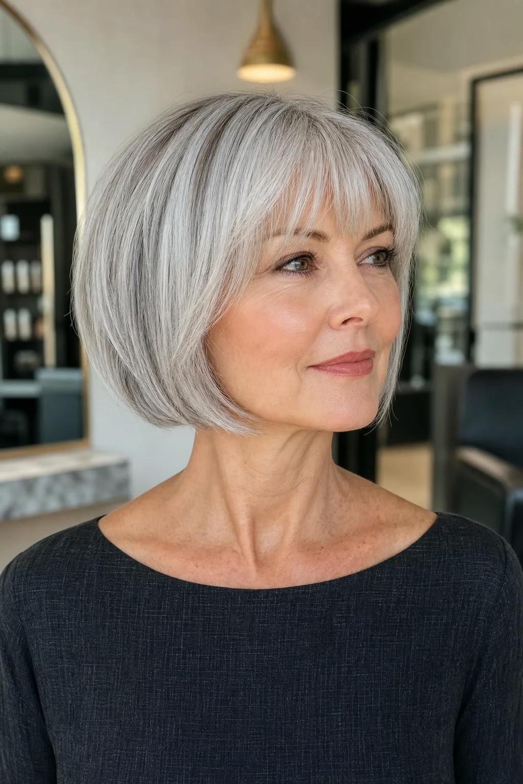 White woman over 50 with silver hair wearing a soft French bob