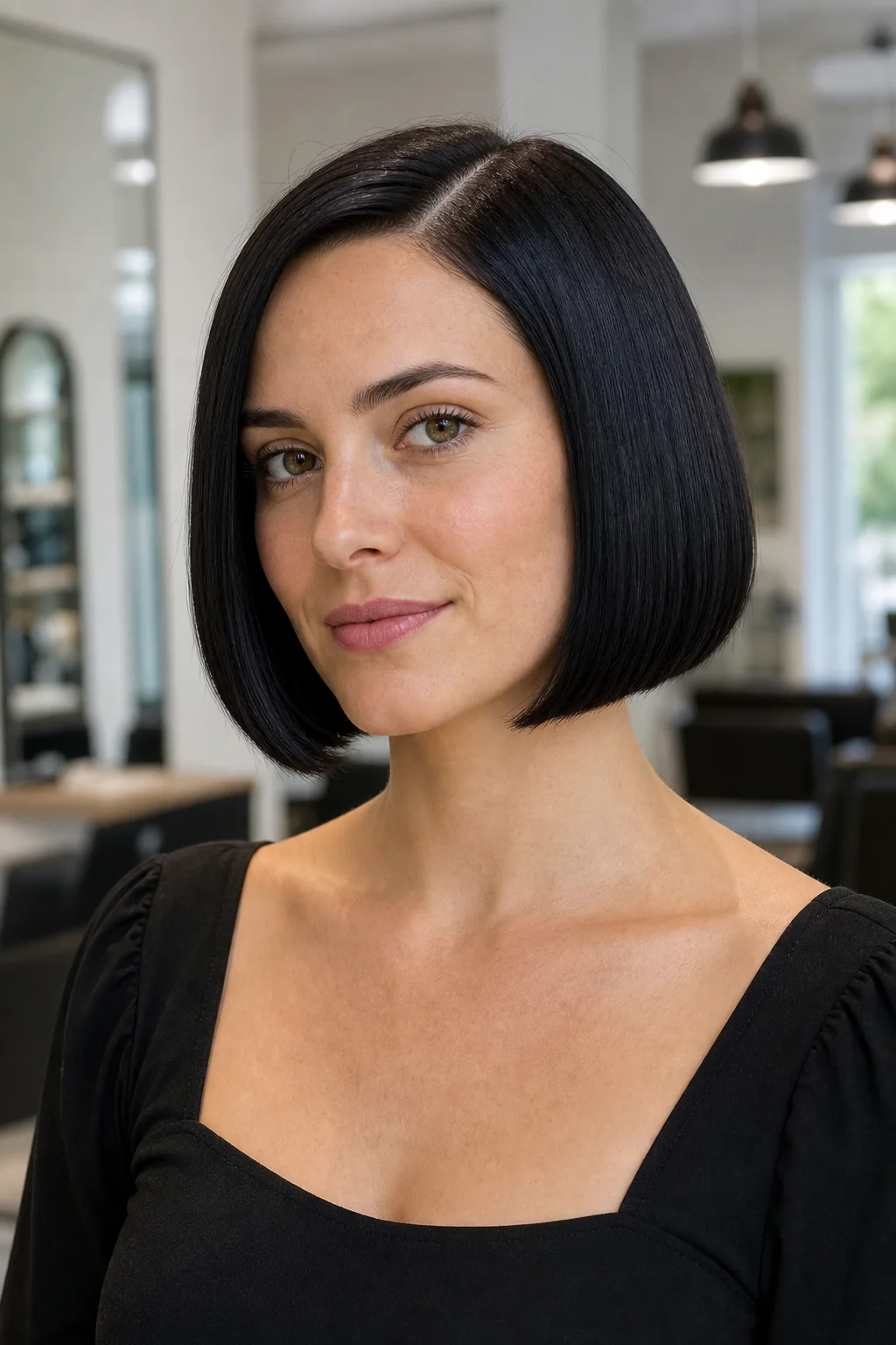 White woman with straight black hair wearing a sleek blunt French bob