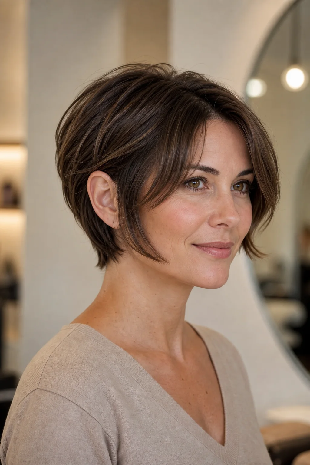 White woman with brunette hair wearing a soft classic bixie haircut