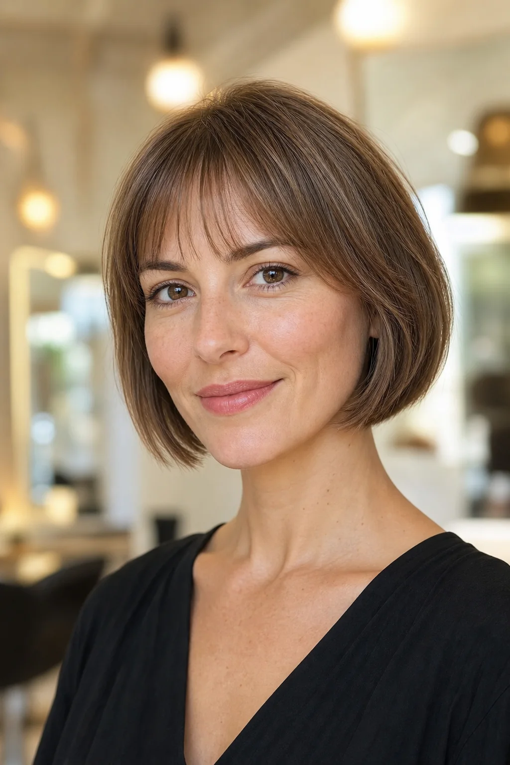 White woman with light brown hair wearing a soft French bob with wispy bangs
