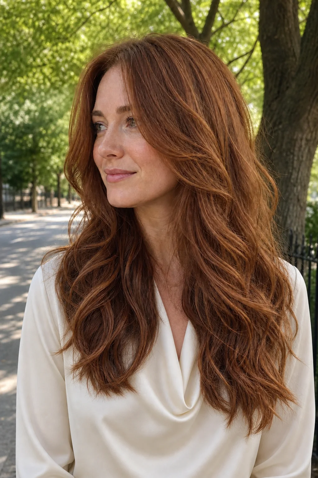 White woman with long straight brown hair wearing a butterfly haircut