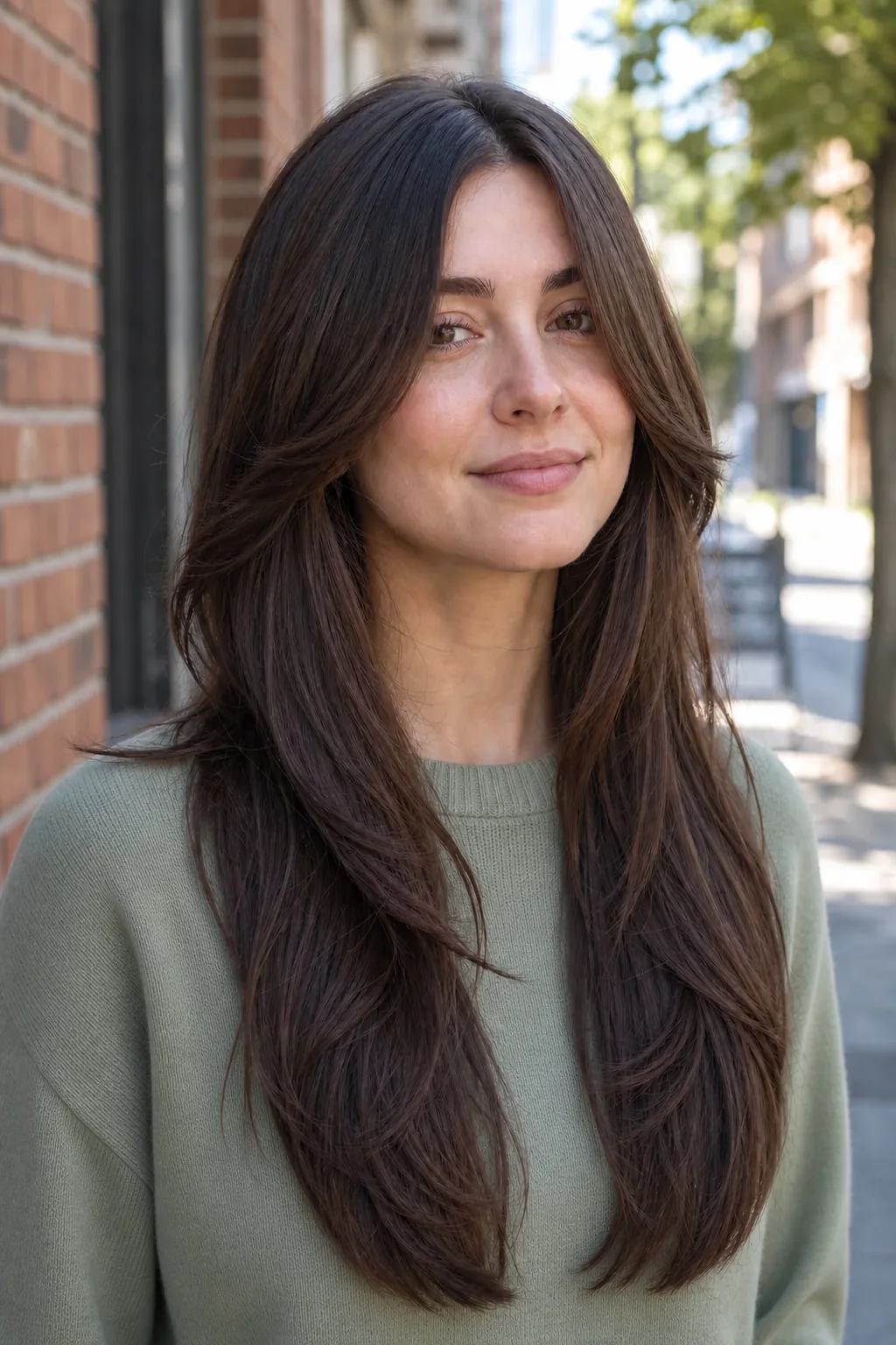 White woman wearing a subtle long brunette butterfly haircut