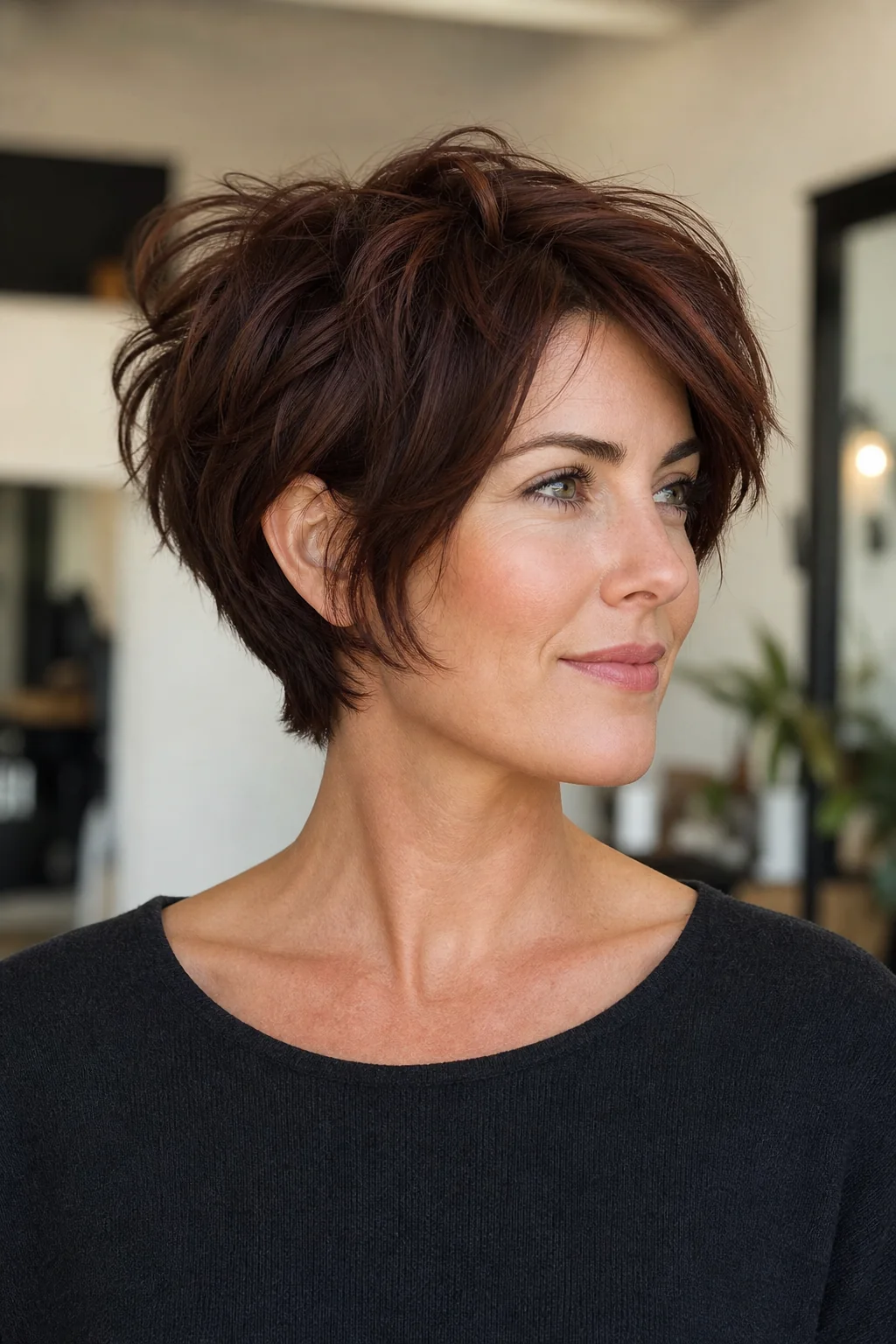 White woman with thick auburn hair wearing a textured bixie haircut