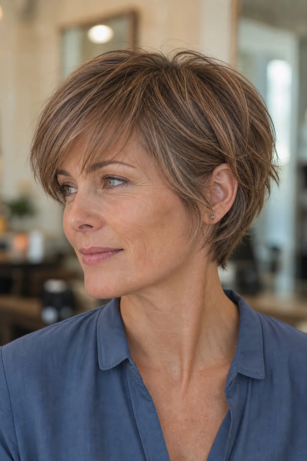 White woman with fine brunette hair wearing a tousled bixie haircut