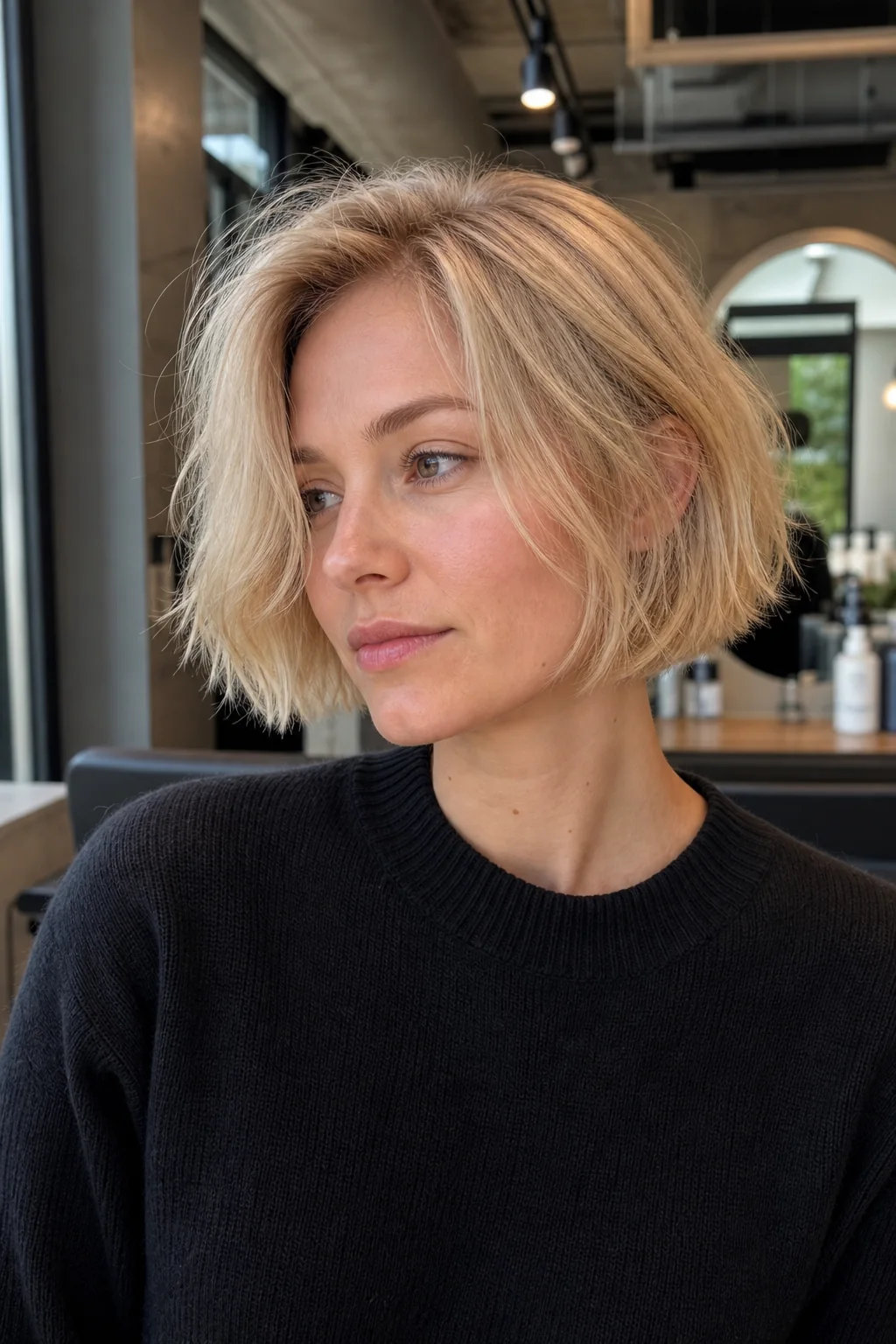 White woman with fine blonde hair wearing a tousled French bob