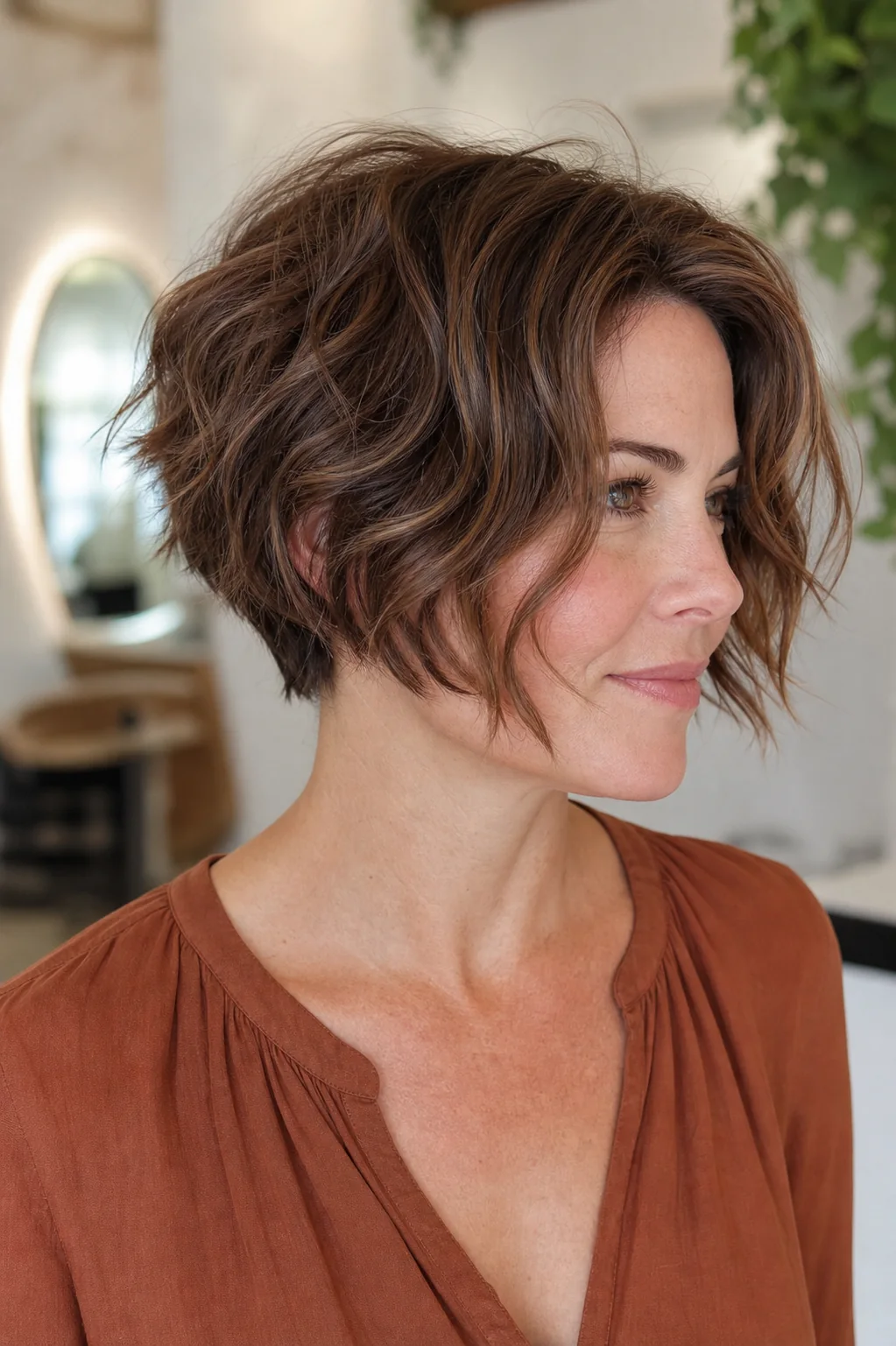 White woman with chestnut wavy hair wearing a wavy bixie haircut