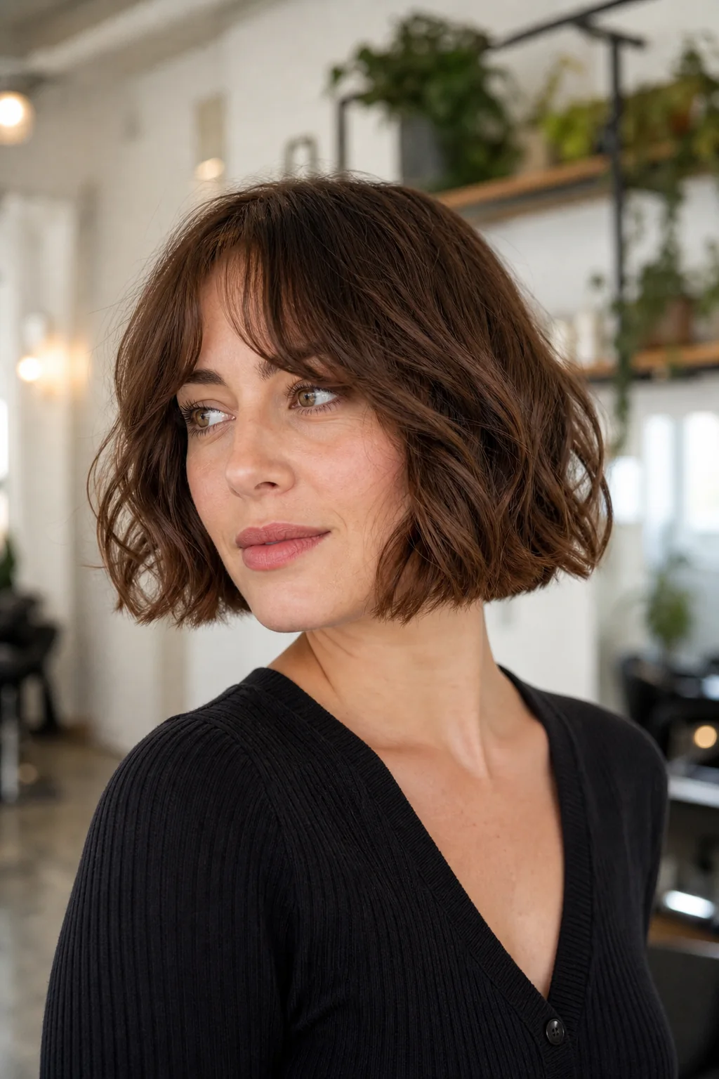 White woman with chestnut wavy hair wearing a French bob with curtain bangs