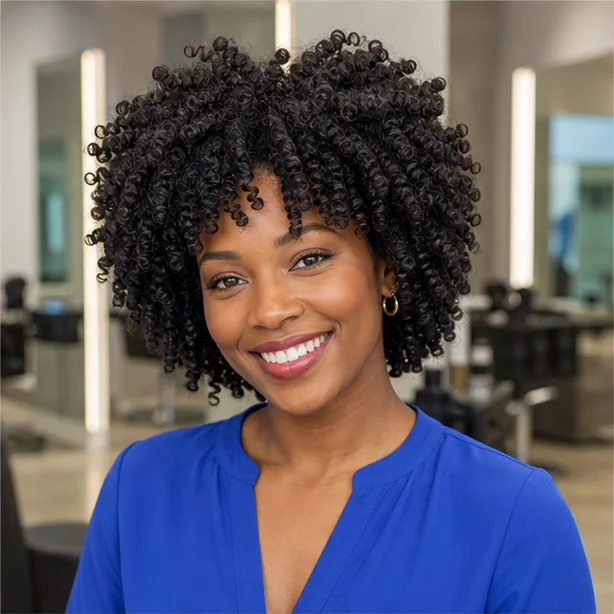 Black woman with full finger coils on 4C natural hair