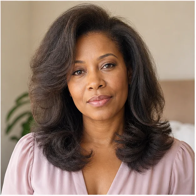 Black woman with a voluminous 1990s layered fluffy press