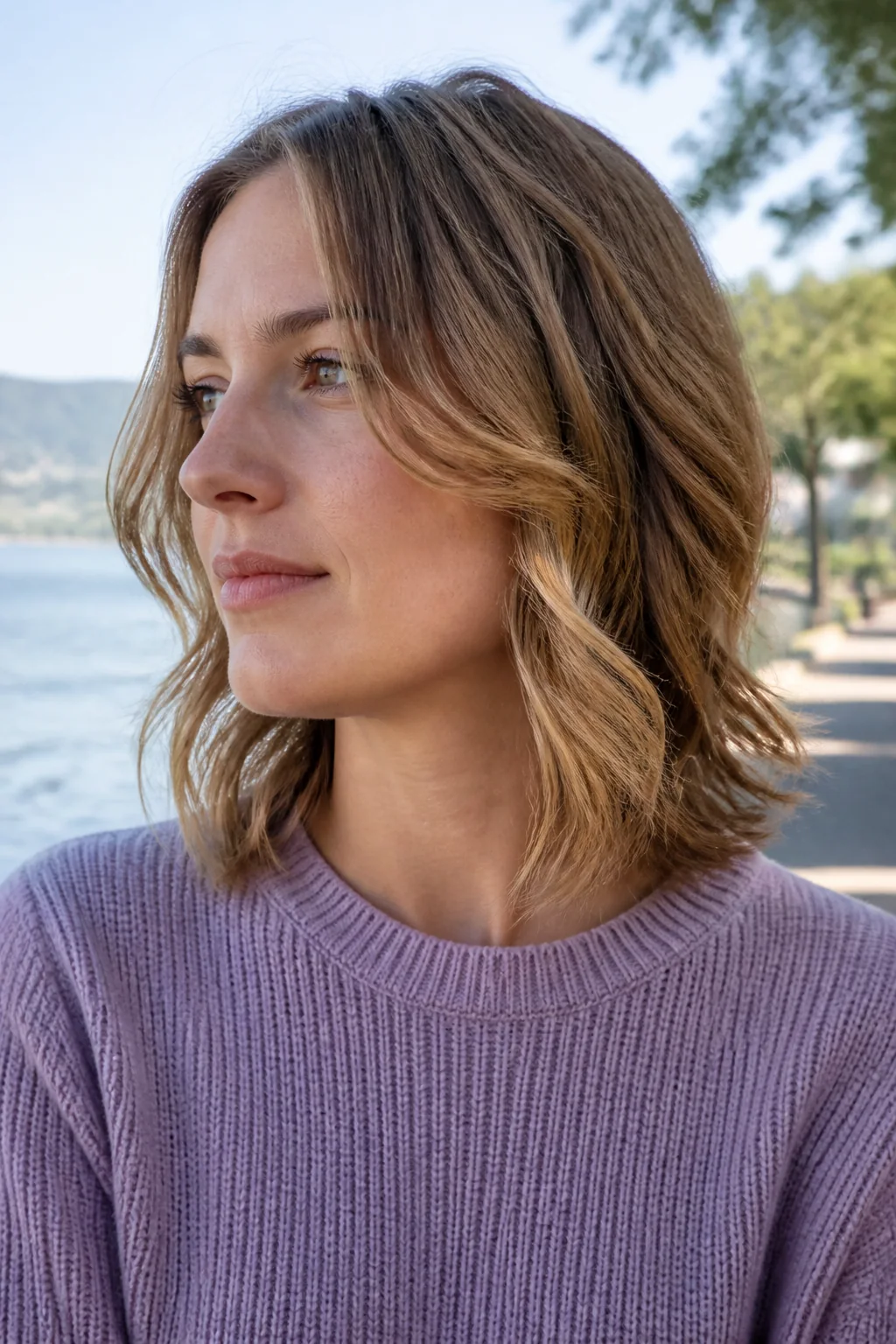 White woman with air-dried dark blonde butterfly lob