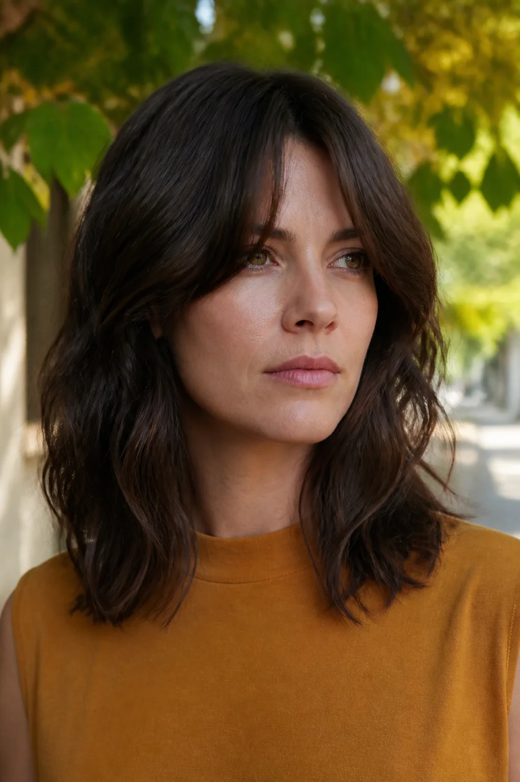 White woman with air-dried dark brown textured hair and curtain bangs
