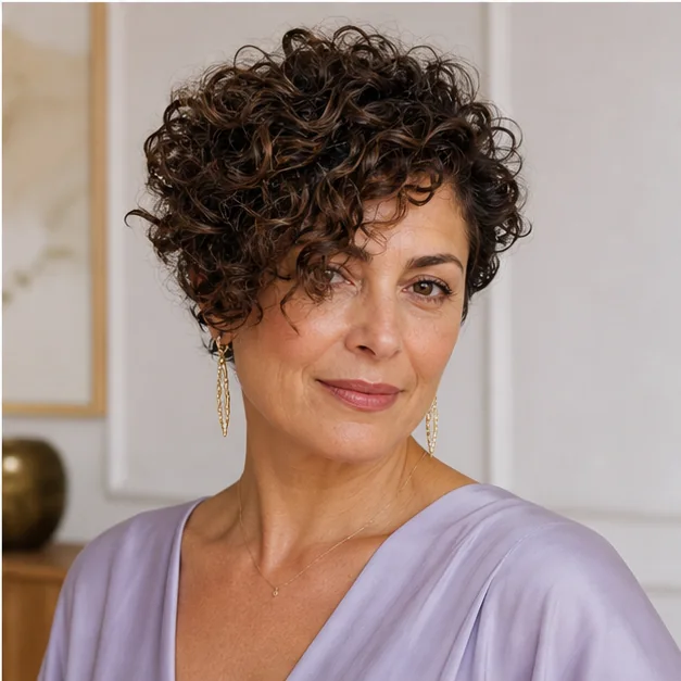 Woman with an asymmetrical curly crop