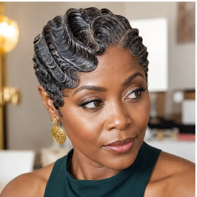 Black woman with asymmetrical finger waves on short natural hair
