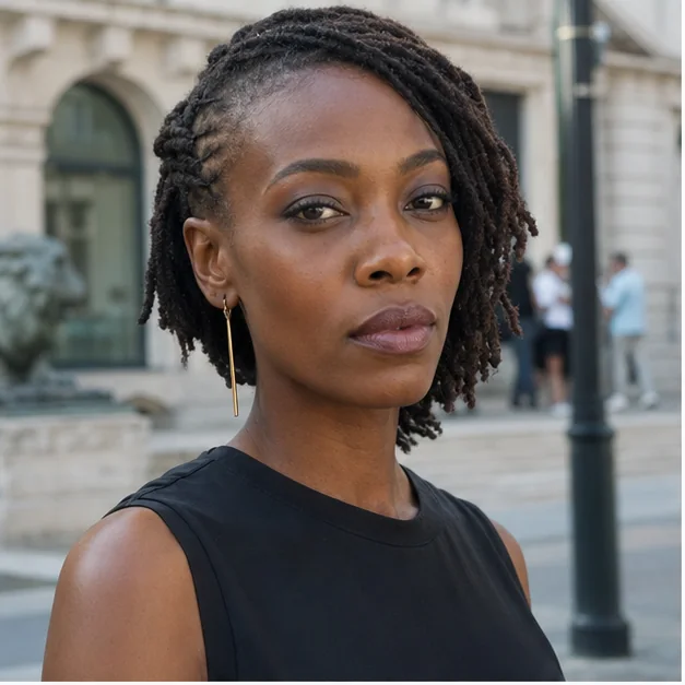 Black woman with short locs pinned asymmetrically above one ear