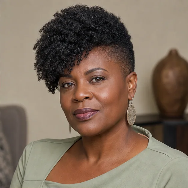 Black woman with an asymmetrical swept tapered Afro haircut