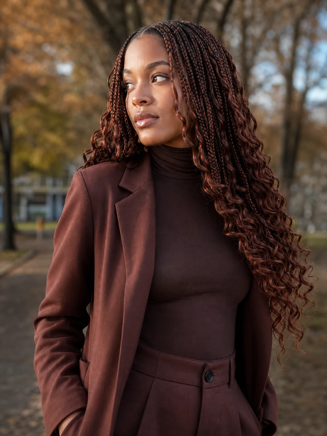 Rich auburn French curl braids with warm curled ends