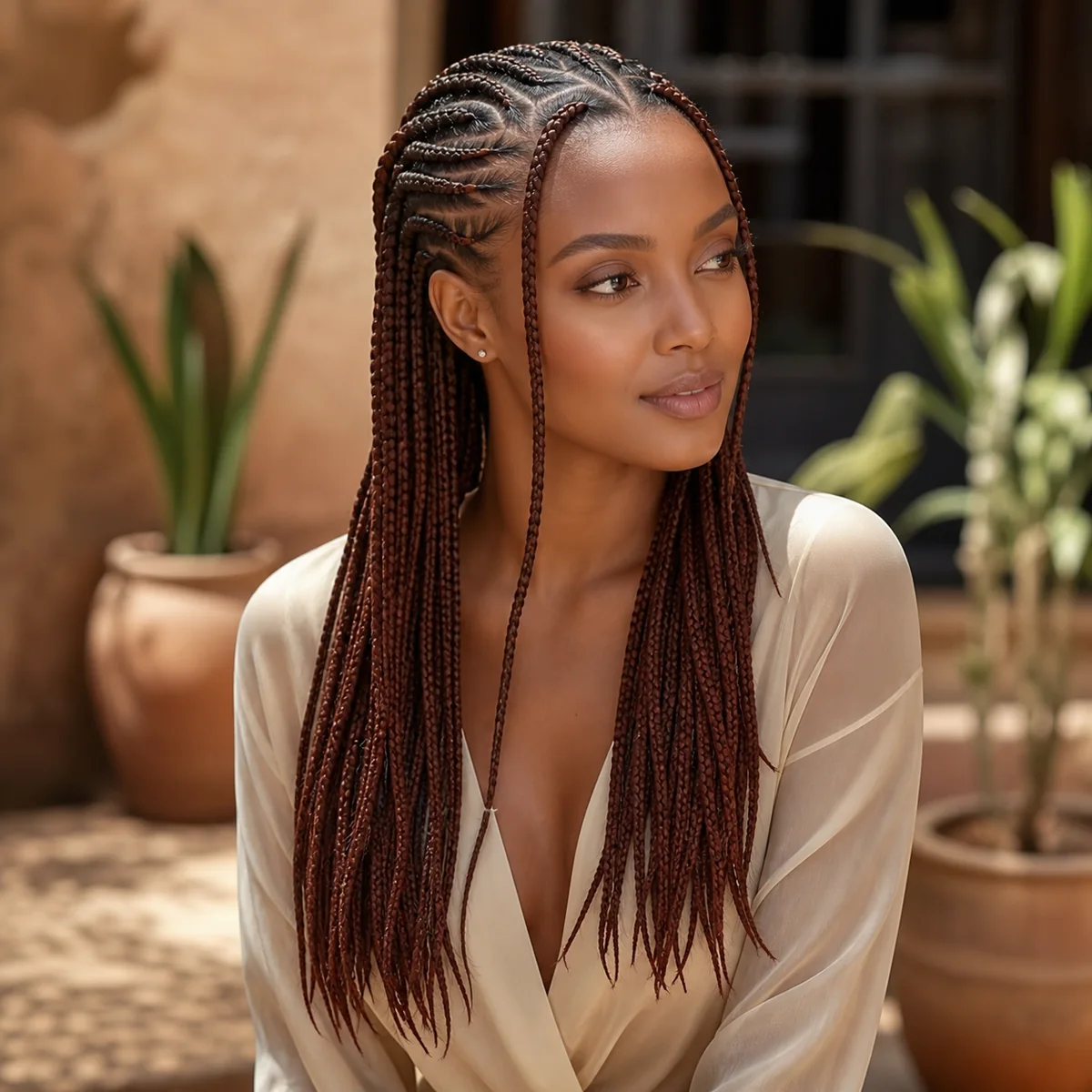 Rich auburn Fulani braids on a Black woman